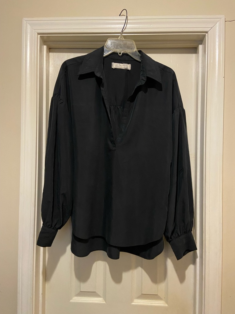 We The Free Black V-Neck Button-Cuff Blouse